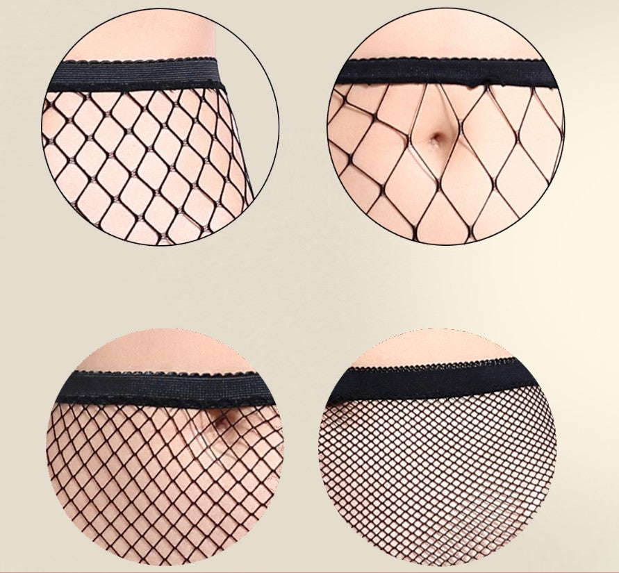 Sneak peek of waist-high fishnet stockings showcasing four different netting size variations.